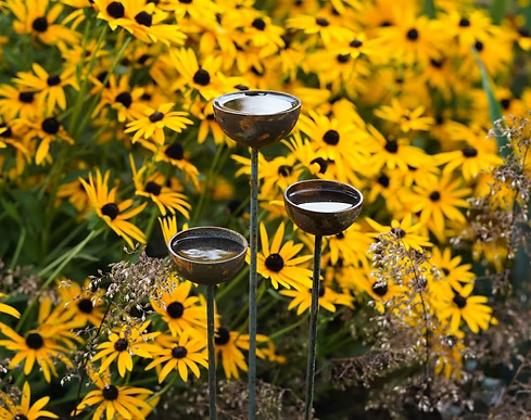 Fig Tree Metal Rain Catchers – Handcrafted Rustic Garden Bird Bath Stakes