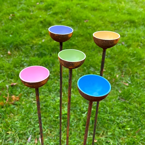 Fig Tree Metal Rain Catchers – Handcrafted Rustic Garden Bird Bath Stakes