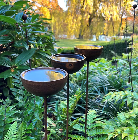 Fig Tree Metal Rain Catchers – Handcrafted Rustic Garden Bird Bath Stakes
