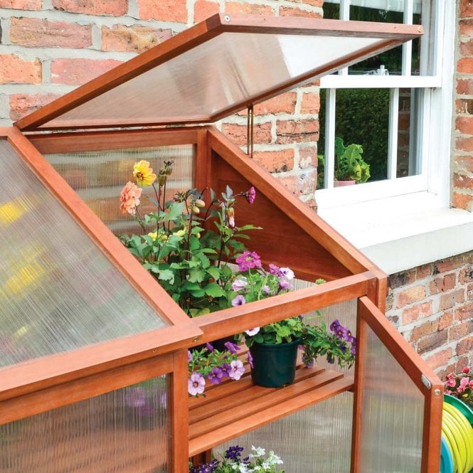 Rowlinson Hardwood Mini Greenhouse – Compact Wooden Garden Growhouse with Shelves